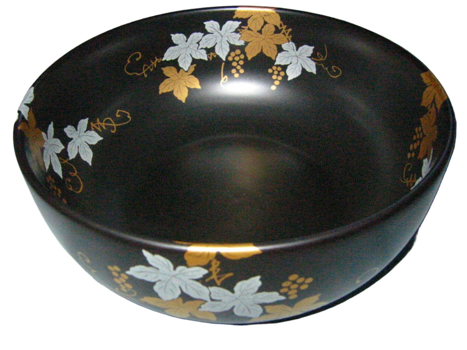 Japan Black Ceramic Bowl Painted Gold Silver Grapevines Artist Signed - Designer Unique Finds 