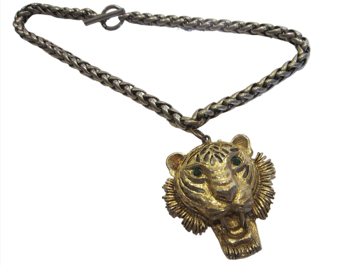 Green Eyes Golden Lion Head Brass Chain Pendant - Designer Unique Finds 
 - 2