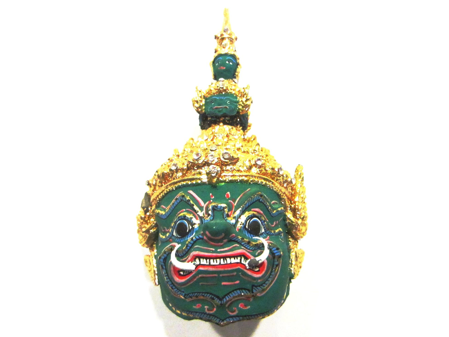 Thai Khon Paper Mache Hand Made Green Jeweled Gold Leaf Mask