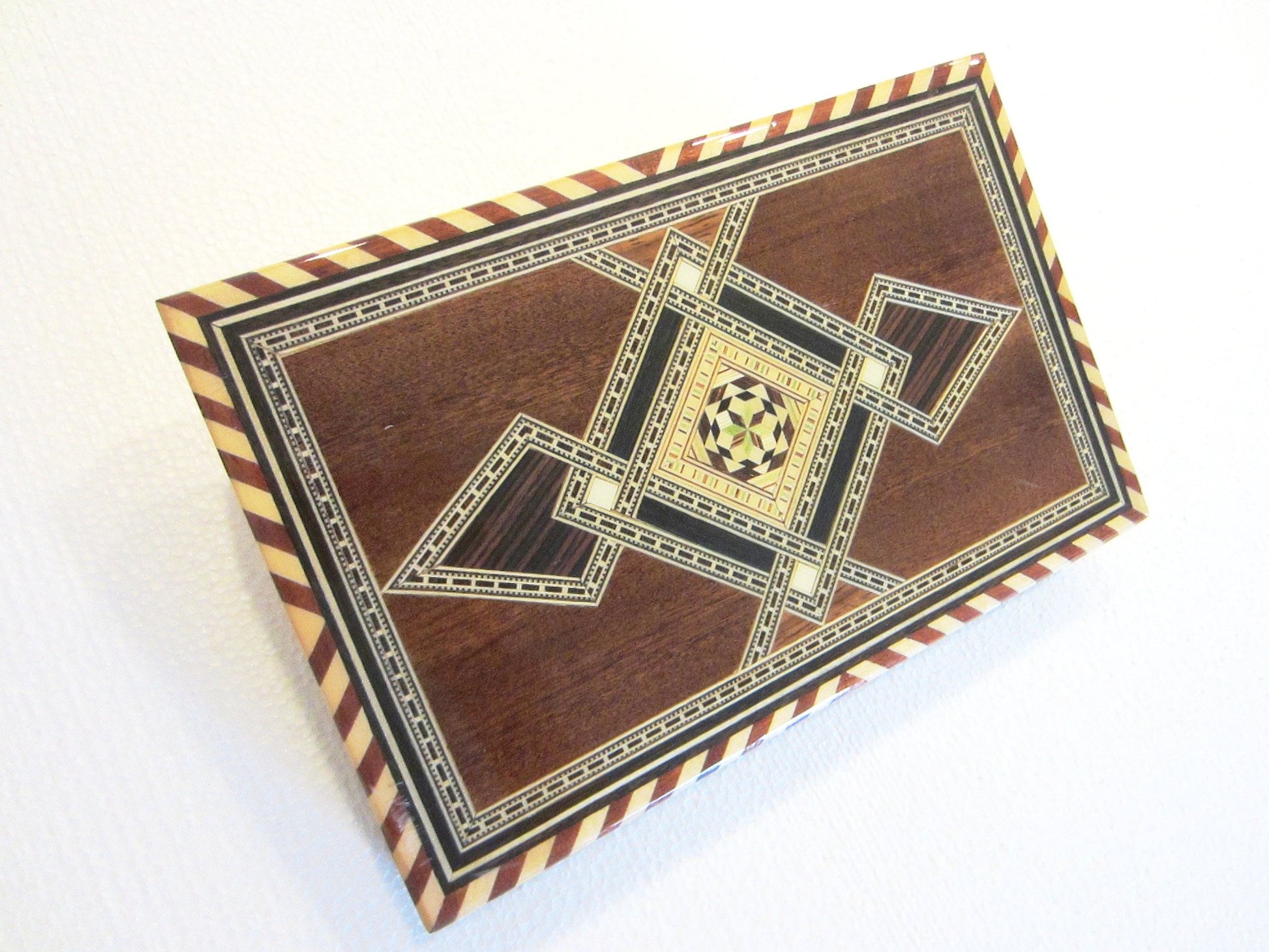 Taracea Salinas Geometric Wood Inlaid Game Box Hinged Metal Closures - Designer Unique Finds 
 - 1