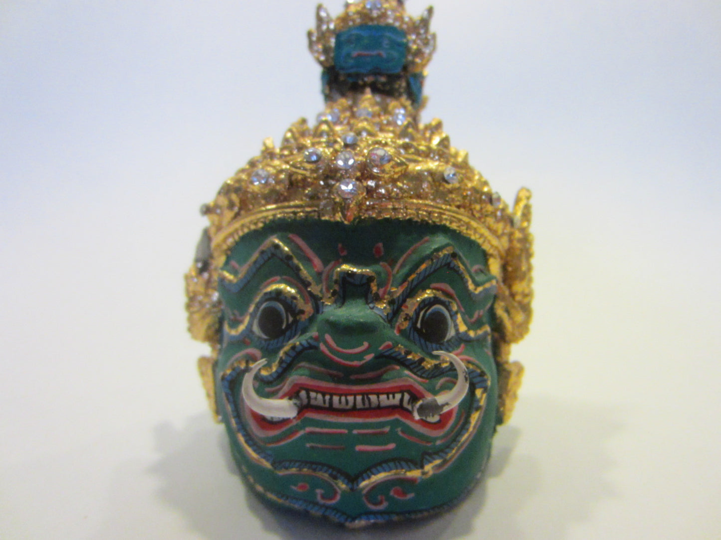 Thai Khon Paper Mache Hand Made Green Jeweled Gold Leaf Mask