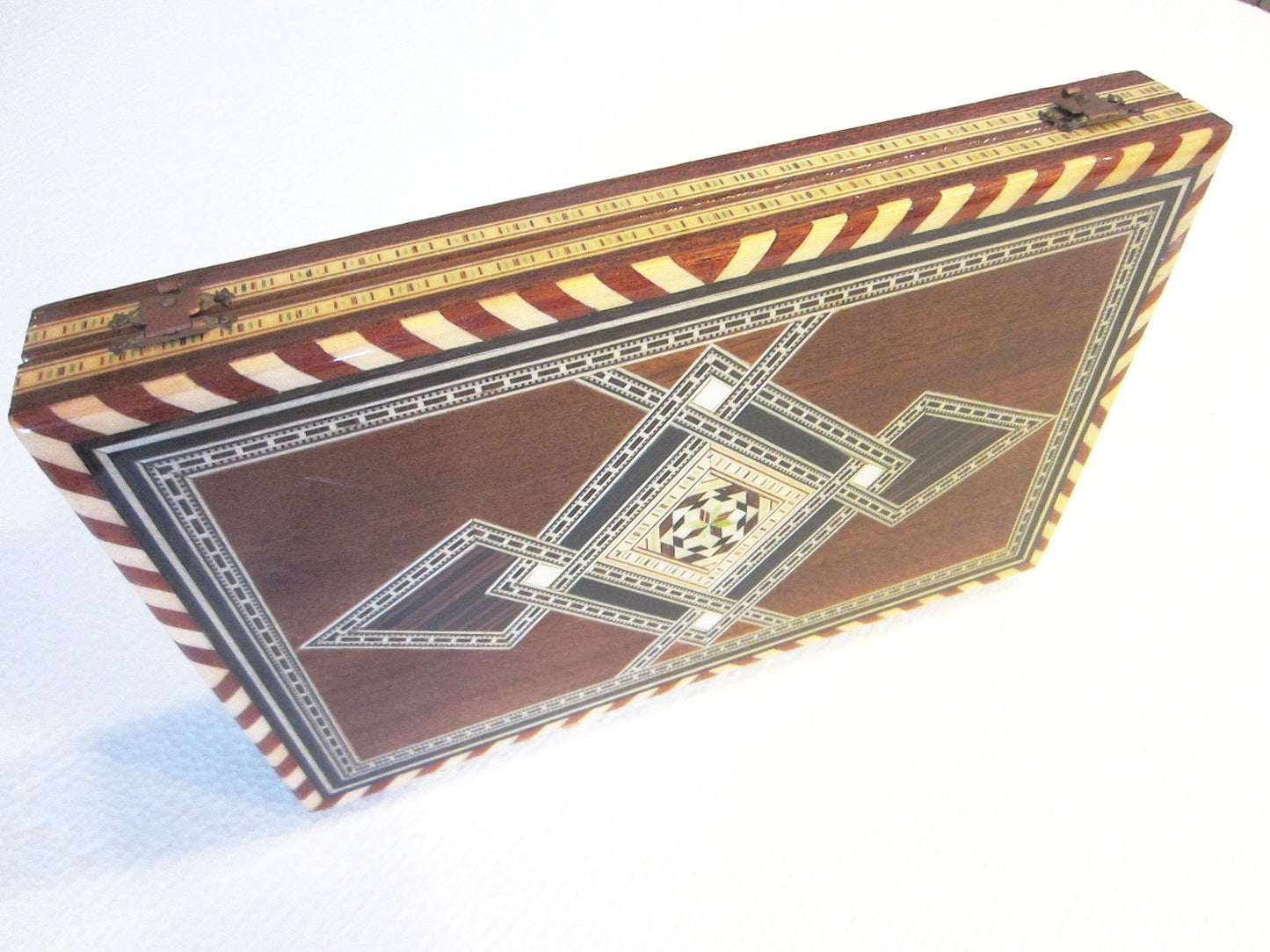 Taracea Salinas Geometric Wood Inlaid Game Box Hinged Metal Closures - Designer Unique Finds 
 - 7