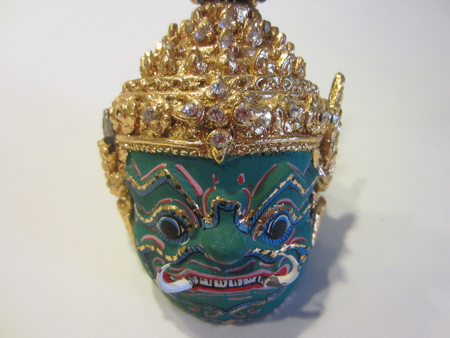 Thai Khon Paper Mache Hand Made Green Jeweled Gold Leaf Mask