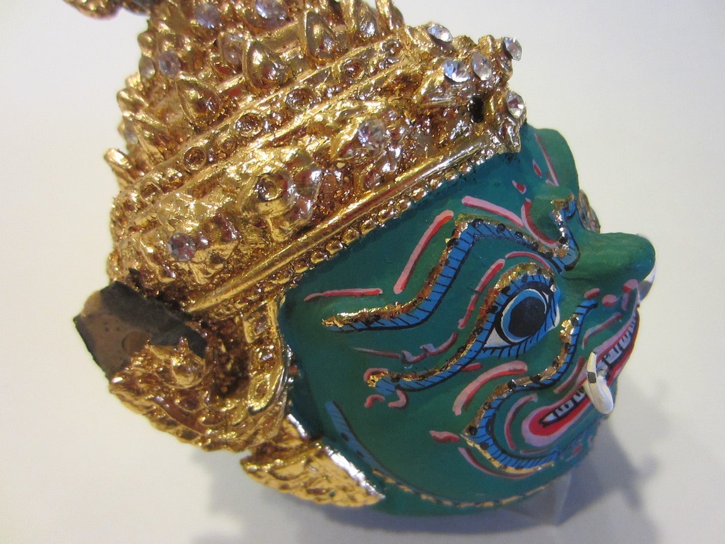 Thai Khon Paper Mache Hand Made Green Jeweled Gold Leaf Mask