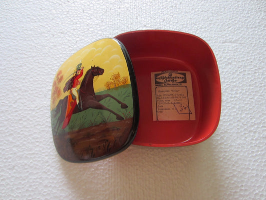 Beriozka Art Deco Russian Metal Jewelry Box Enameled Equestrian Outdoor Scene - Designer Unique Finds 