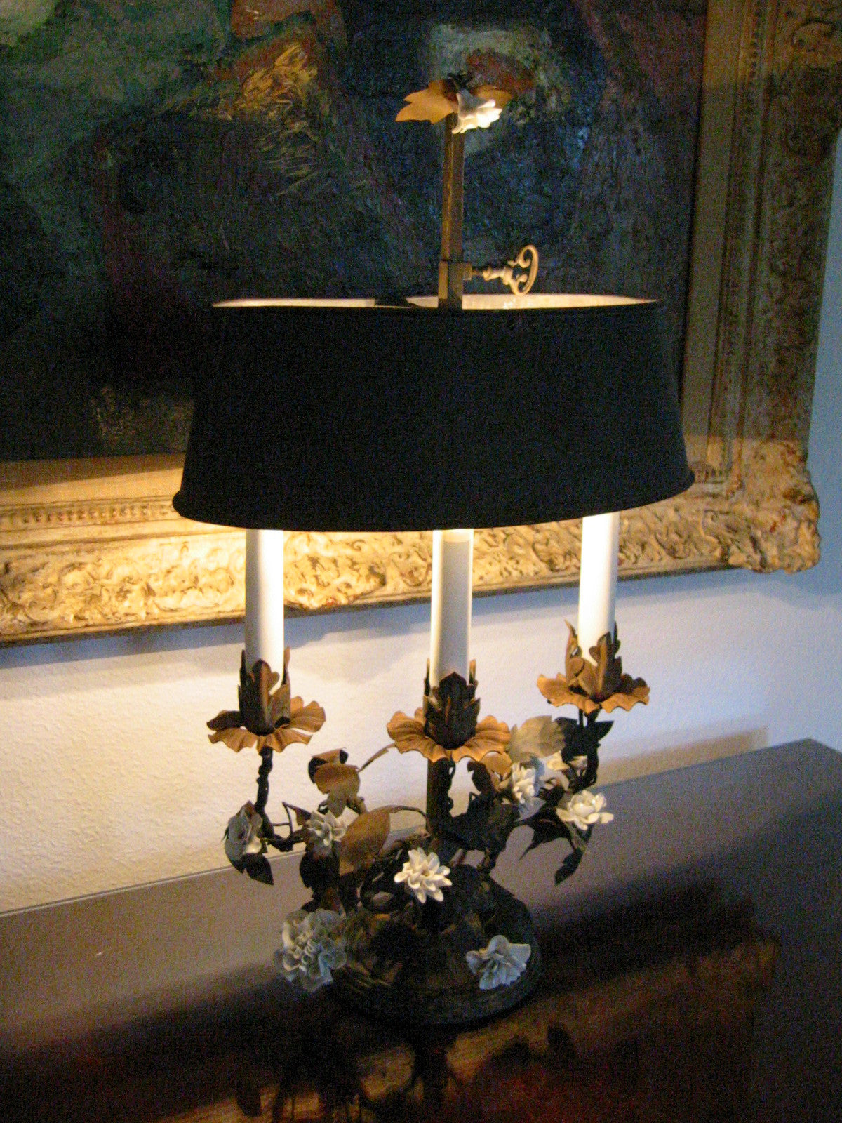 French Bouillotte Tole Table Lamp White Porcelain Flowers - Designer Unique Finds 