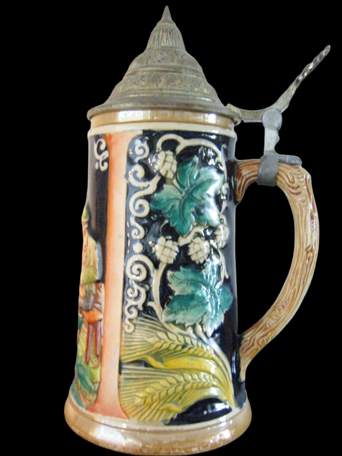 Germany Luster Figurative Majolica Pottery Beer Stein Pewter Lid Marked DBGM - Designer Unique Finds 