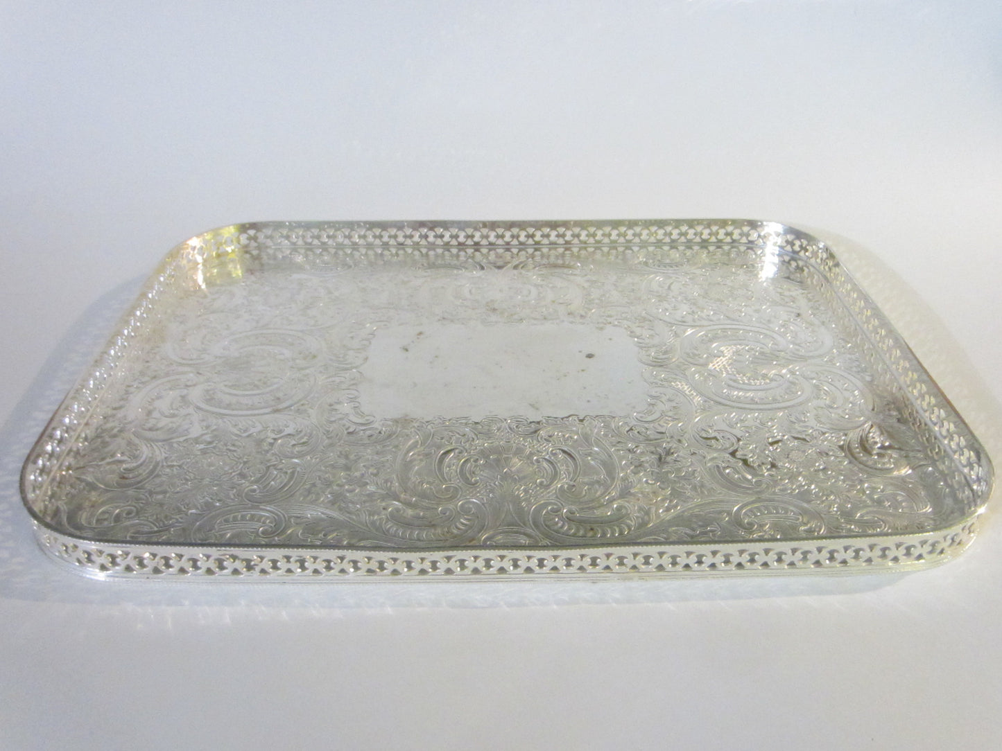 Barker Ellis England Art Deco Signature Silver Serving Tray Floral Etching Filigree Border