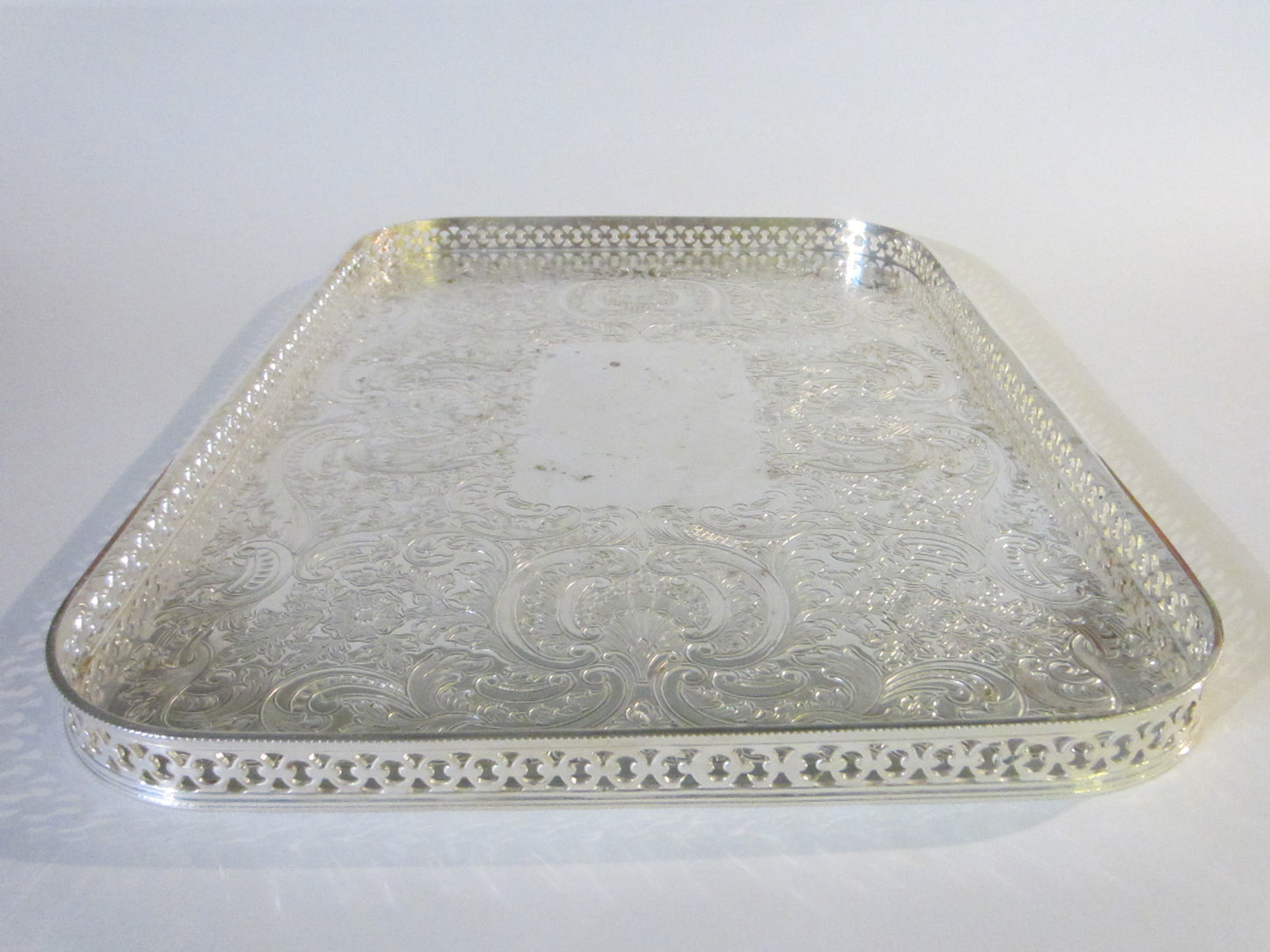 Barker Ellis England Art Deco Signature Silver Serving Tray Floral Etching Filigree Border