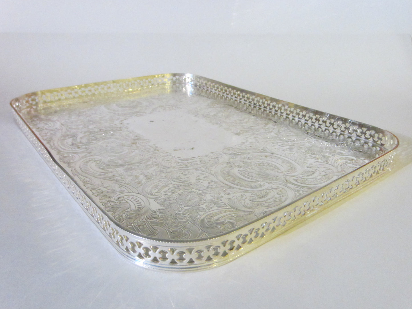 Barker Ellis England Art Deco Signature Silver Serving Tray Floral Etching Filigree Border