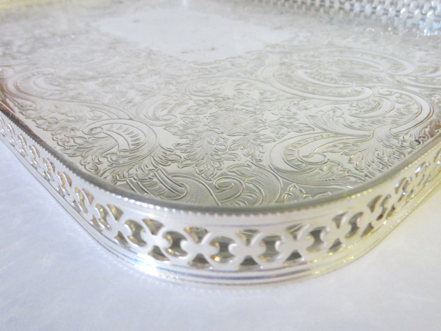 Barker Ellis England Art Deco Signature Silver Serving Tray Floral Etching Filigree Border