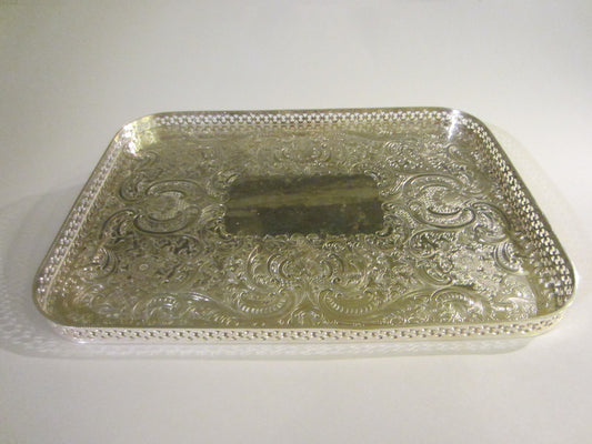 Barker Ellis England Art Deco Signature Silver Serving Tray Floral Etching Filigree Border