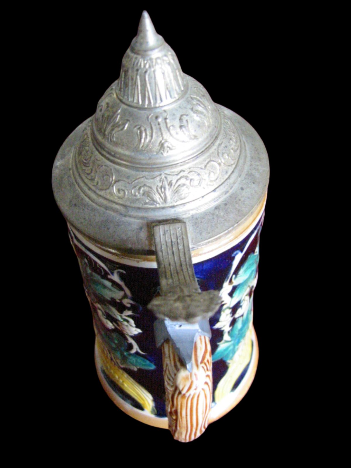 Germany Luster Figurative Majolica Pottery Beer Stein Pewter Lid Marked DBGM - Designer Unique Finds 