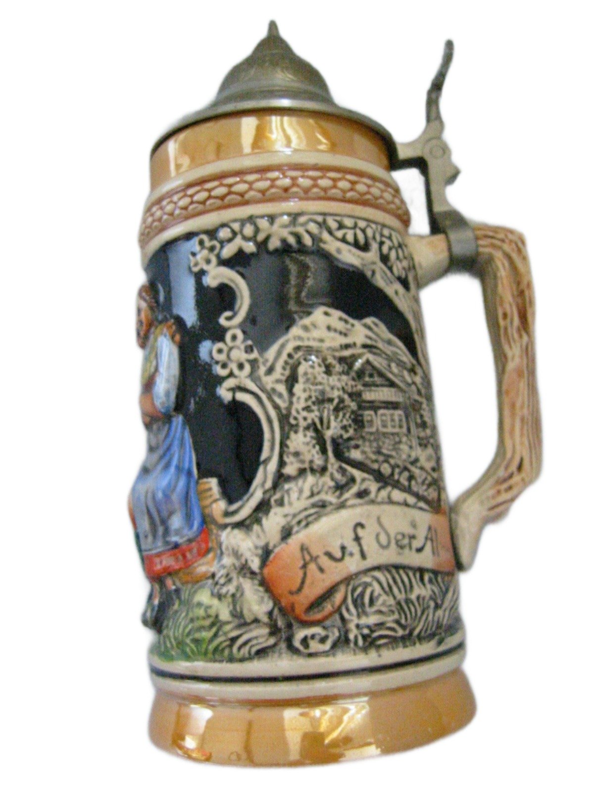 West Germany Luster Figurative Majolica Ceramic Stein Pewter Lid Marked - Designer Unique Finds 