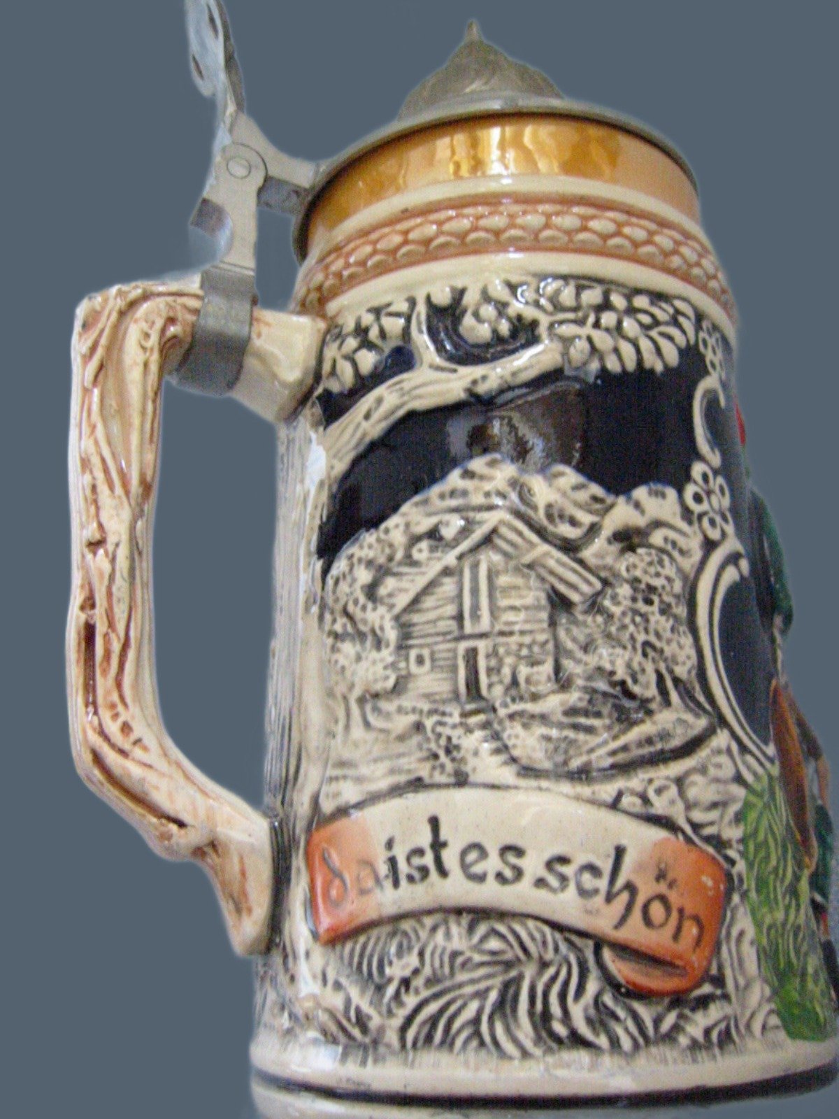 West Germany Luster Figurative Majolica Ceramic Stein Pewter Lid - Designer Unique Finds 