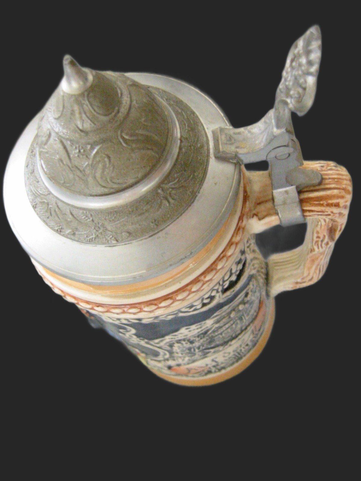 West Germany Luster Figurative Majolica Ceramic Stein Pewter Lid Marked - Designer Unique Finds 