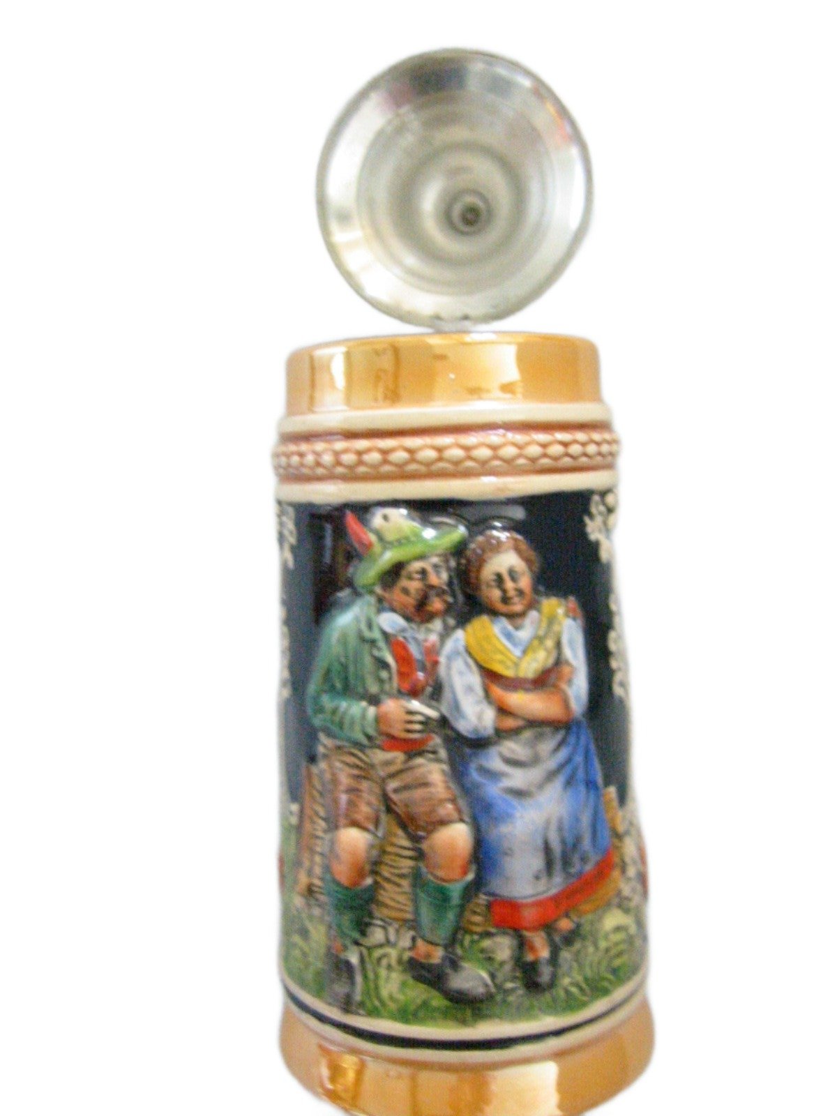 West Germany Luster Figurative Majolica Ceramic Stein Pewter Lid Marked - Designer Unique Finds 