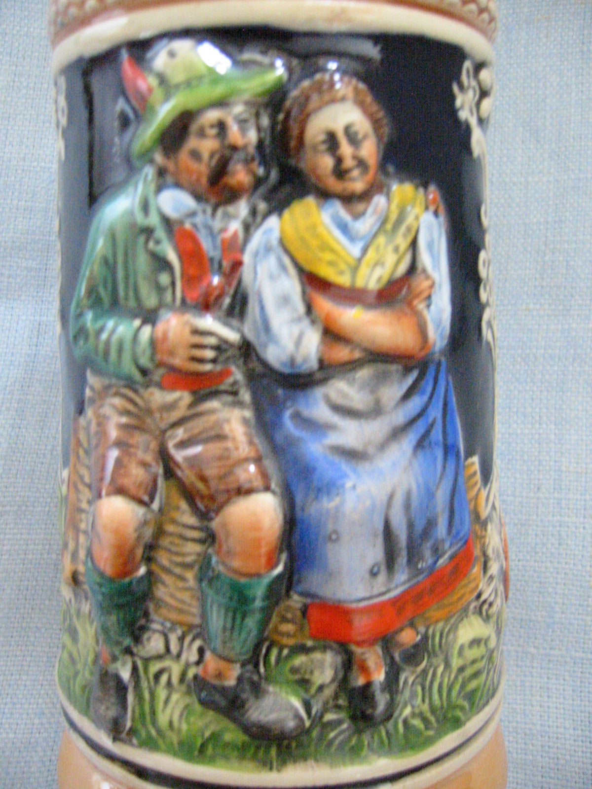 West Germany Luster Figurative Majolica Ceramic Stein Pewter Lid Marked - Designer Unique Finds 