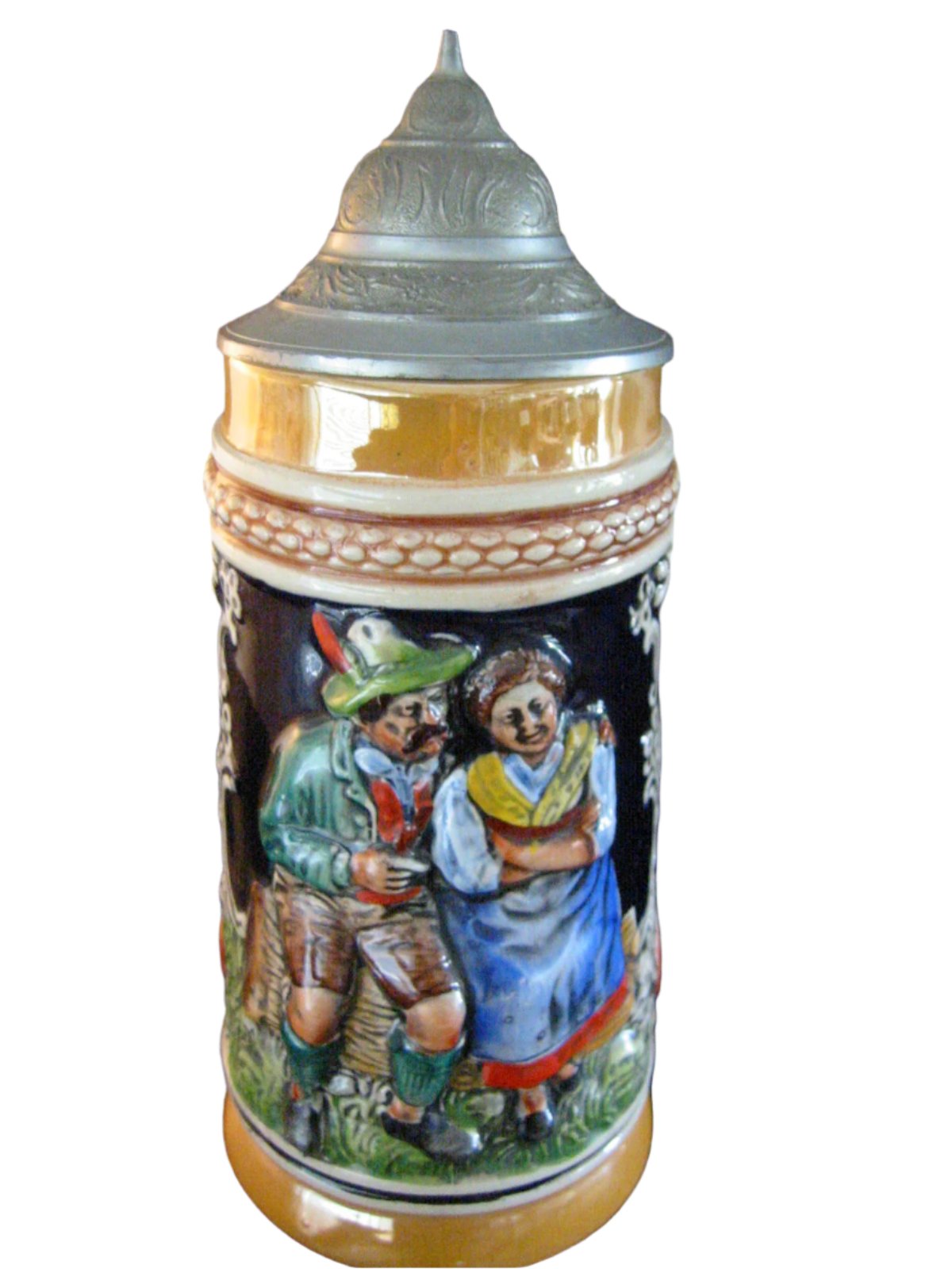 Germany Luster Figurative Majolica Pottery Beer Stein Pewter Lid Marked DBGM - Designer Unique Finds 