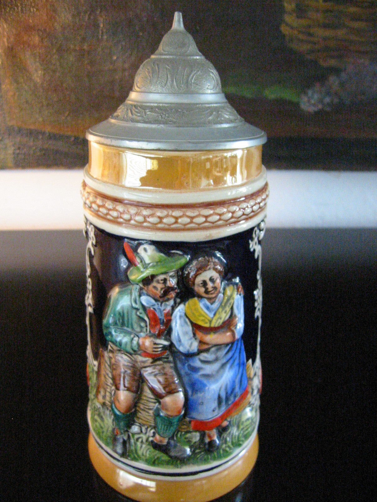 West Germany Luster Figurative Majolica Ceramic Stein Pewter Lid Marked - Designer Unique Finds 