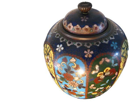 Cloisonne Ginger Jar Butterfly Flowers Enameled Medallion Gems - Designer Unique Finds 