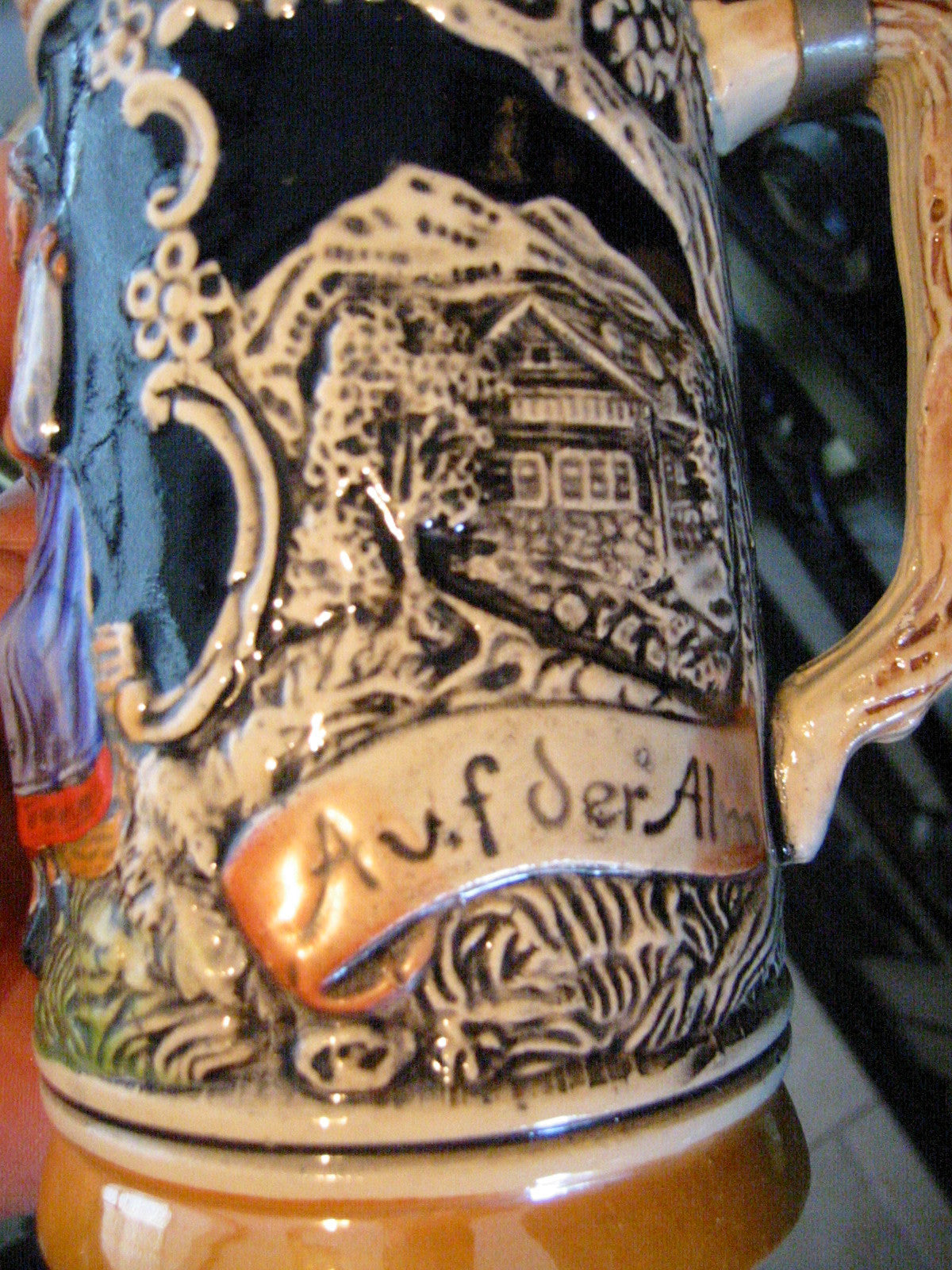 West Germany Luster Figurative Majolica Ceramic Stein Pewter Lid - Designer Unique Finds 