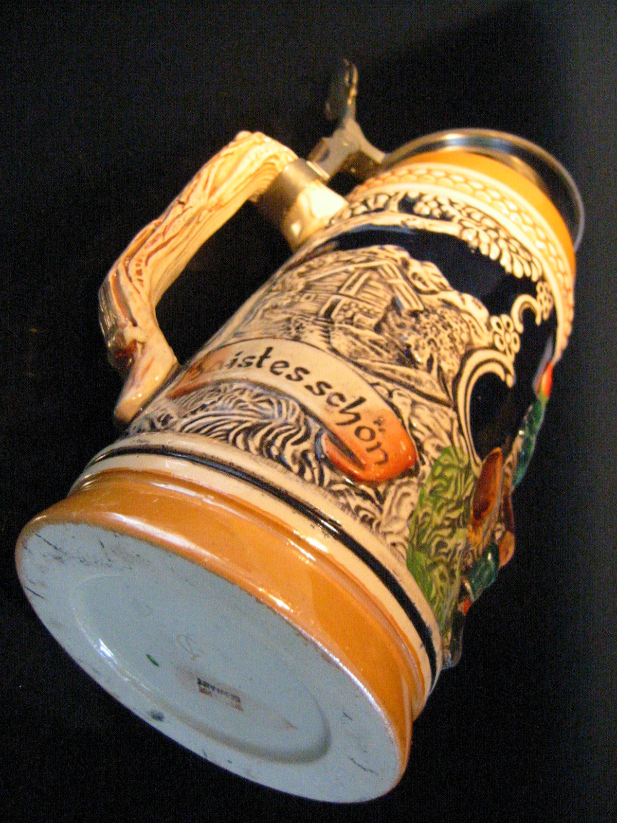 Germany Luster Figurative Majolica Pottery Beer Stein Pewter Lid Marked DBGM - Designer Unique Finds 