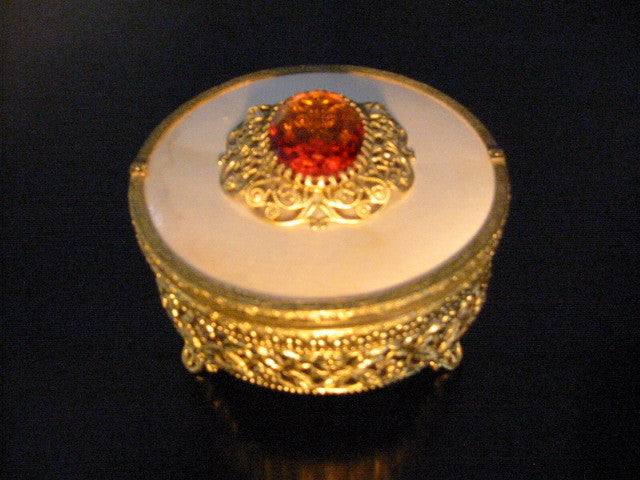 Brass Filigree Footed Glass Powder Jar Amber Cabochon Decoration - Designer Unique Finds 