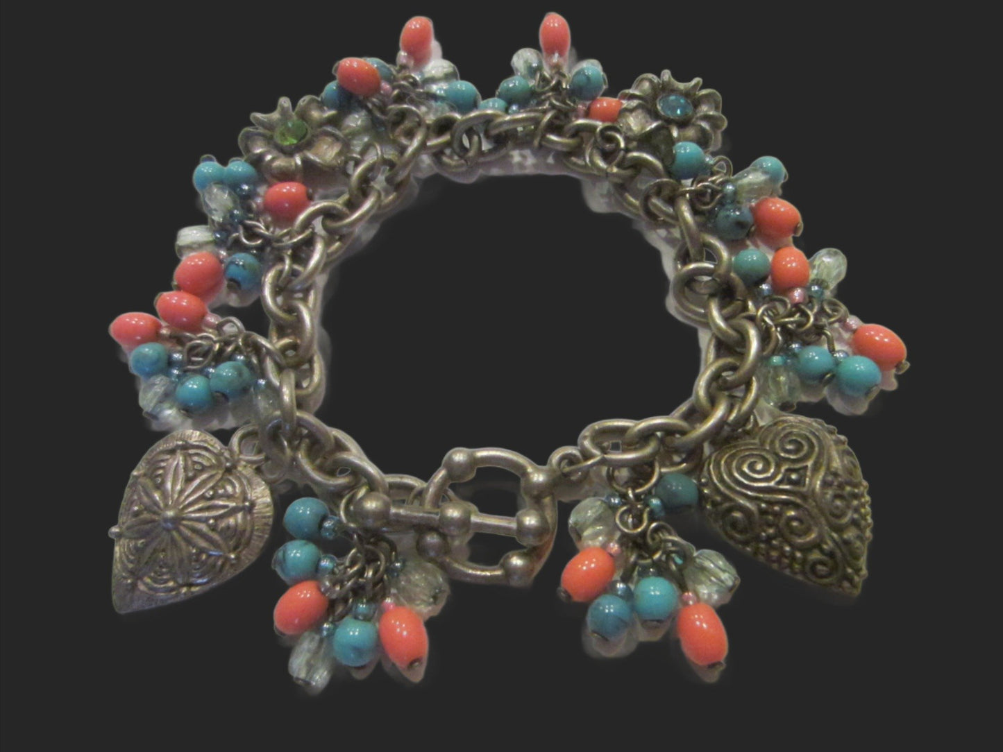 White Metal Charm Bracelet Romantic Hearts Flowers Turquoise Coral Beads