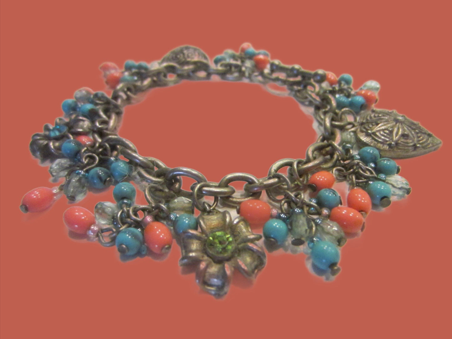 White Metal Charm Bracelet Romantic Hearts Flowers Turquoise Coral Beads