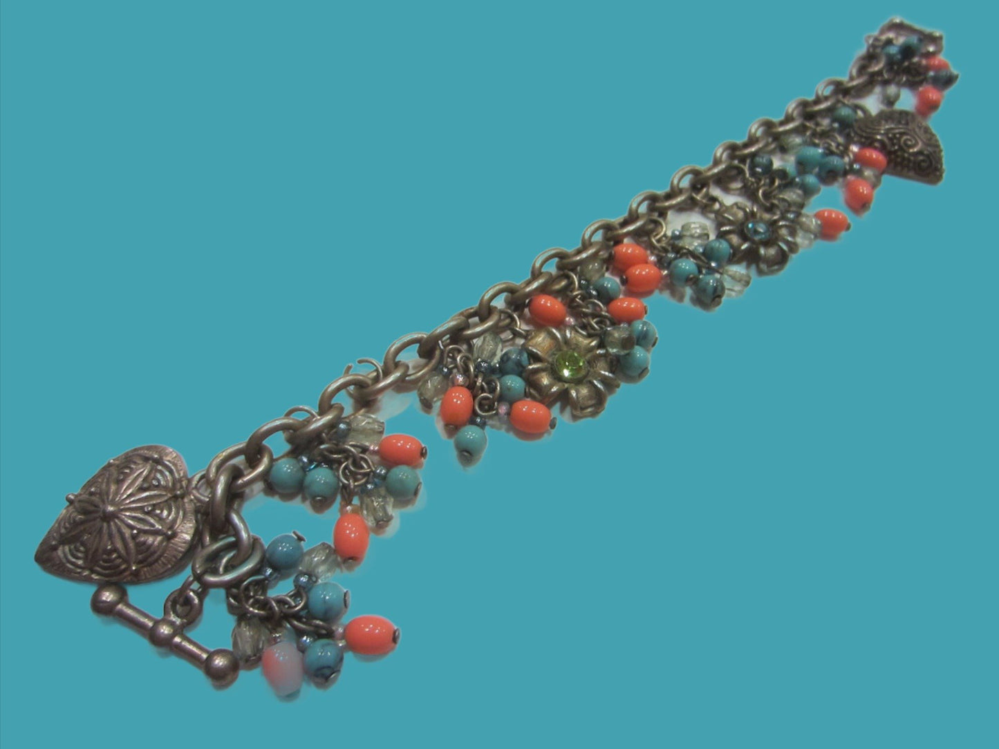 White Metal Charm Bracelet Romantic Hearts Flowers Turquoise Coral Beads