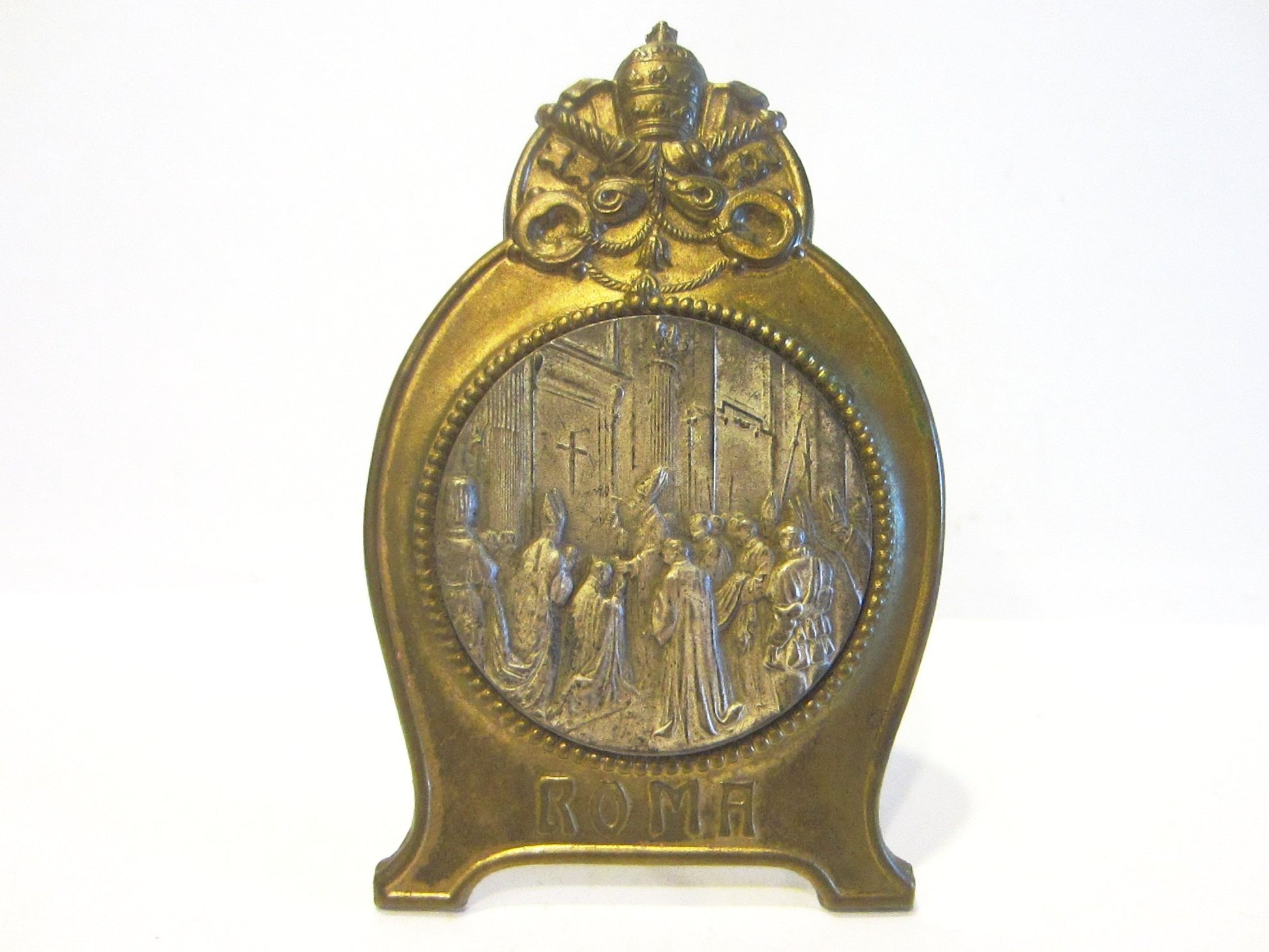 Art Deco Roma Miniature Crested Brass Icon Inspires Vatican Marked Germany - Designer Unique Finds 