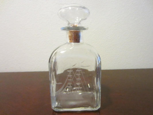 Nautical Art Deco Italian Glass Decanter Etched Marine Sail Boat - Designer Unique Finds 
 - 1