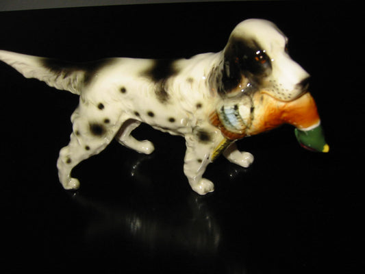 Hunting Ceramic Dog Holding Bird Hand Painted Japan - Designer Unique Finds 