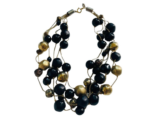 Dabby Reid Black Gold Beaded Strands Designer Necklace Tag Marked