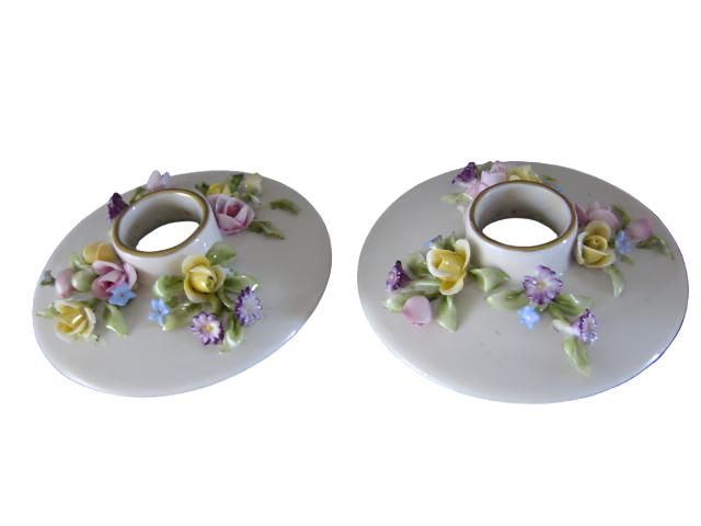 Capo Di Monte Italian Porcelain Candle Holders Applied Raised Flowers