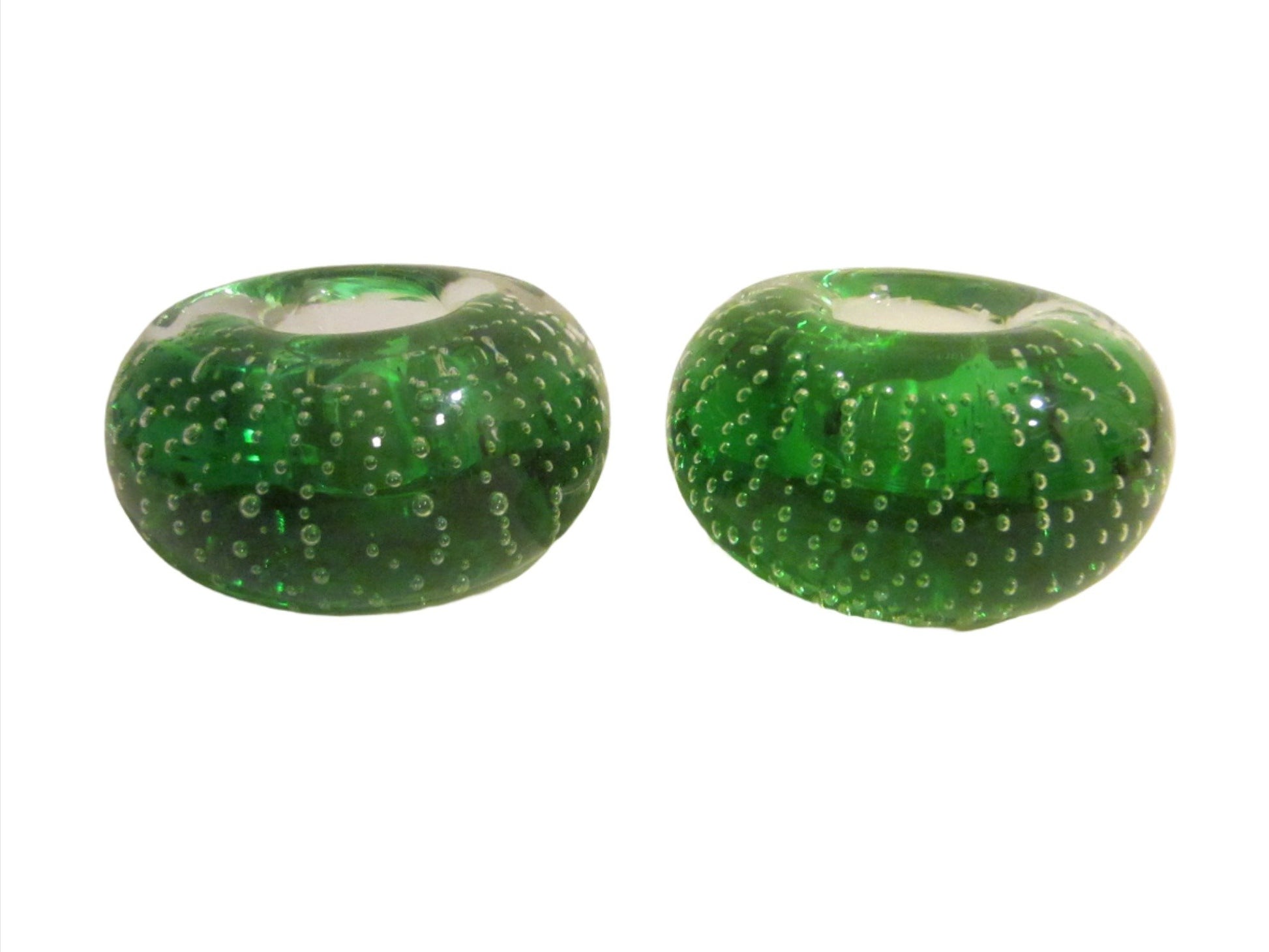 Murano Controlled Bubbles Green Glass Candle Holders - Designer Unique Finds 