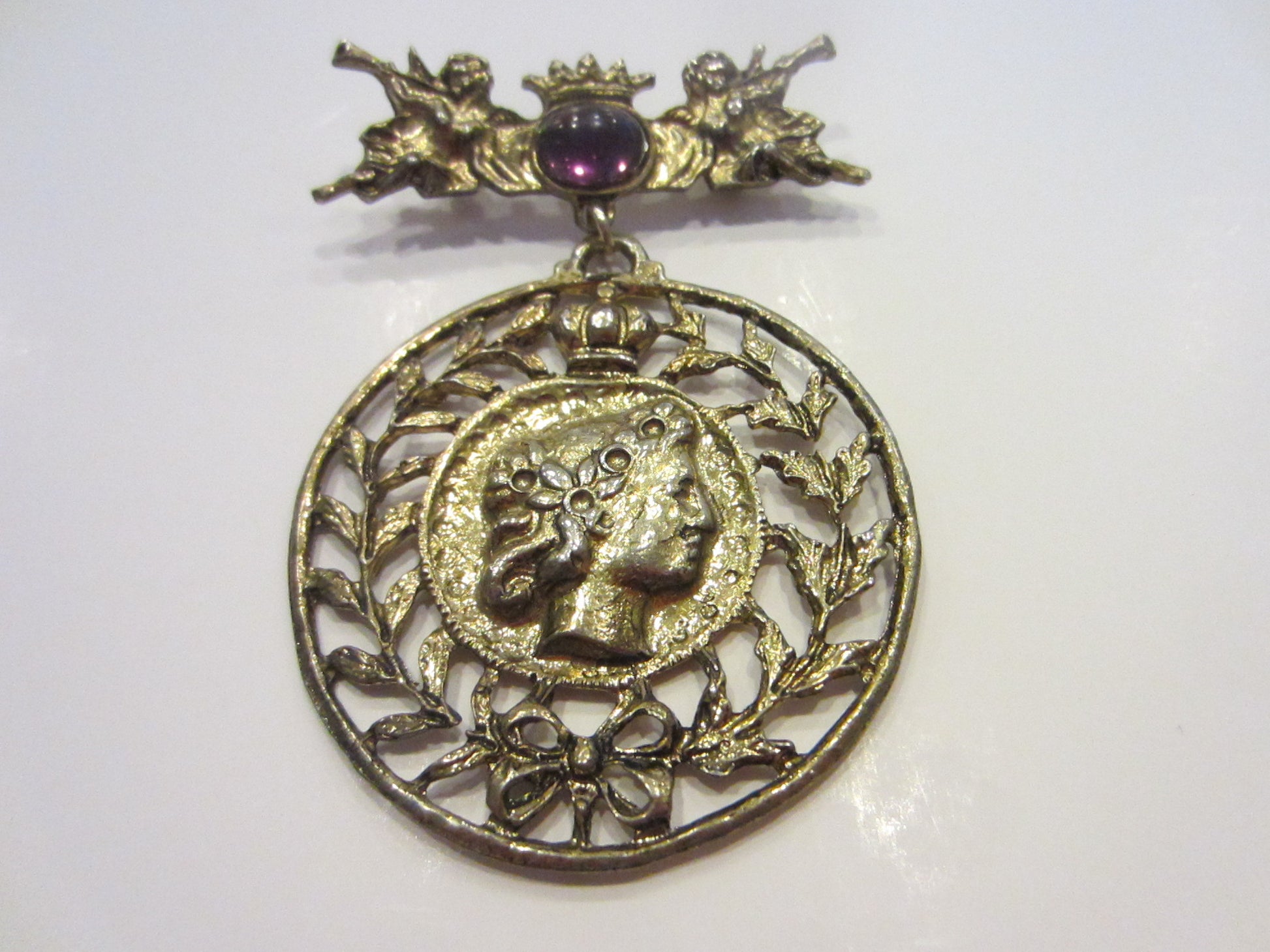 Victorian Style Heraldic Cupids Brooch Lavender Cabochon - Designer Unique Finds 