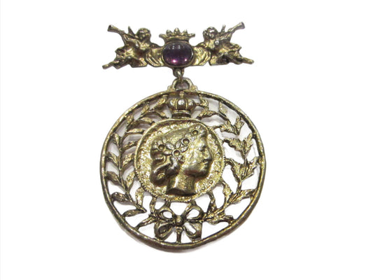 Victorian Style Heraldic Cupids Brooch Lavender Cabochon - Designer Unique Finds 