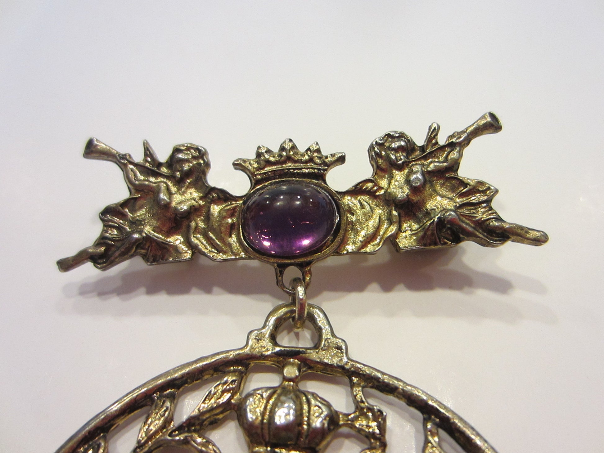 Victorian Style Heraldic Cupids Brooch Lavender Cabochon - Designer Unique Finds 