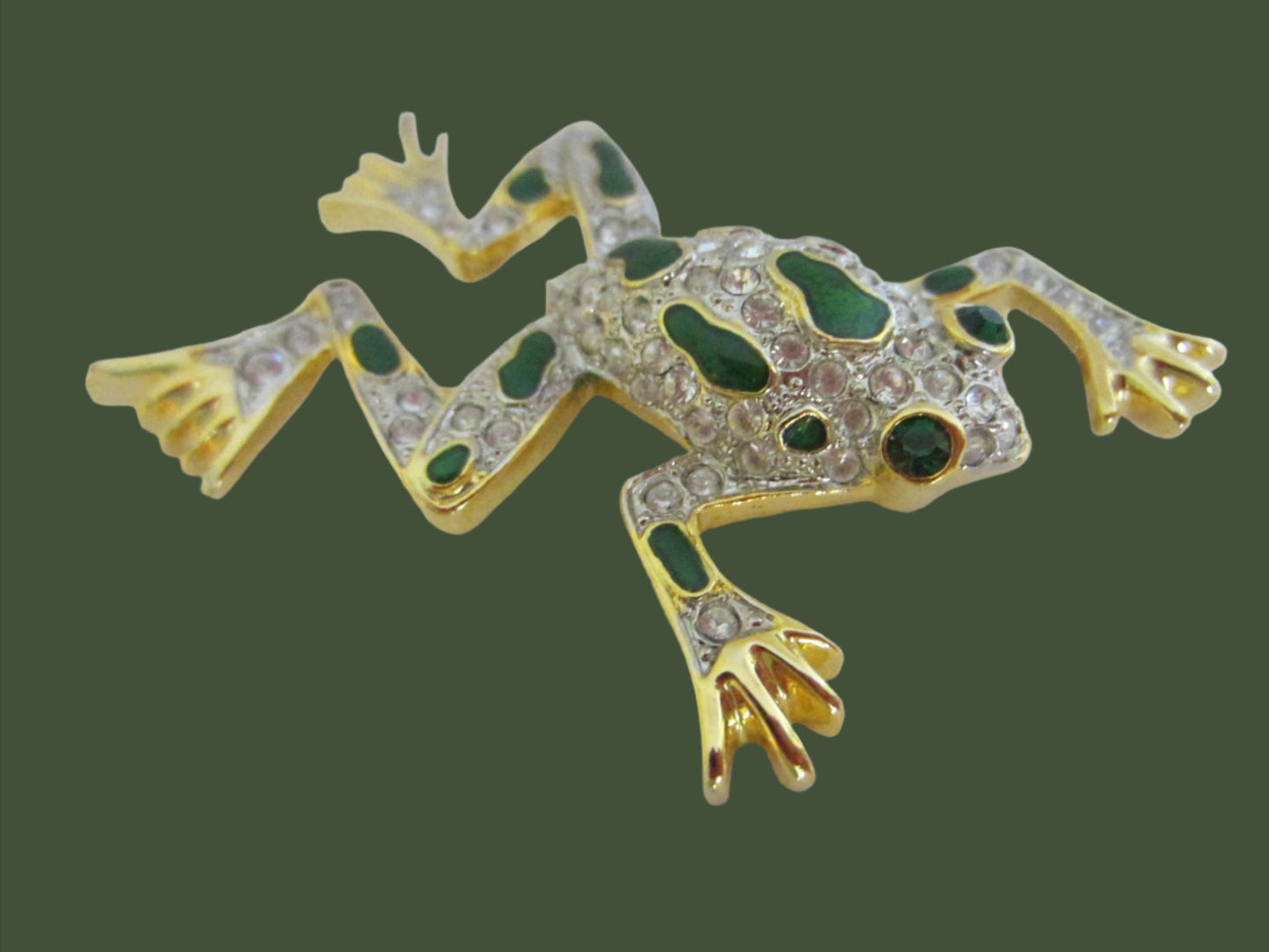 Green Frog Enameled Swarovsky Crystals Brooch