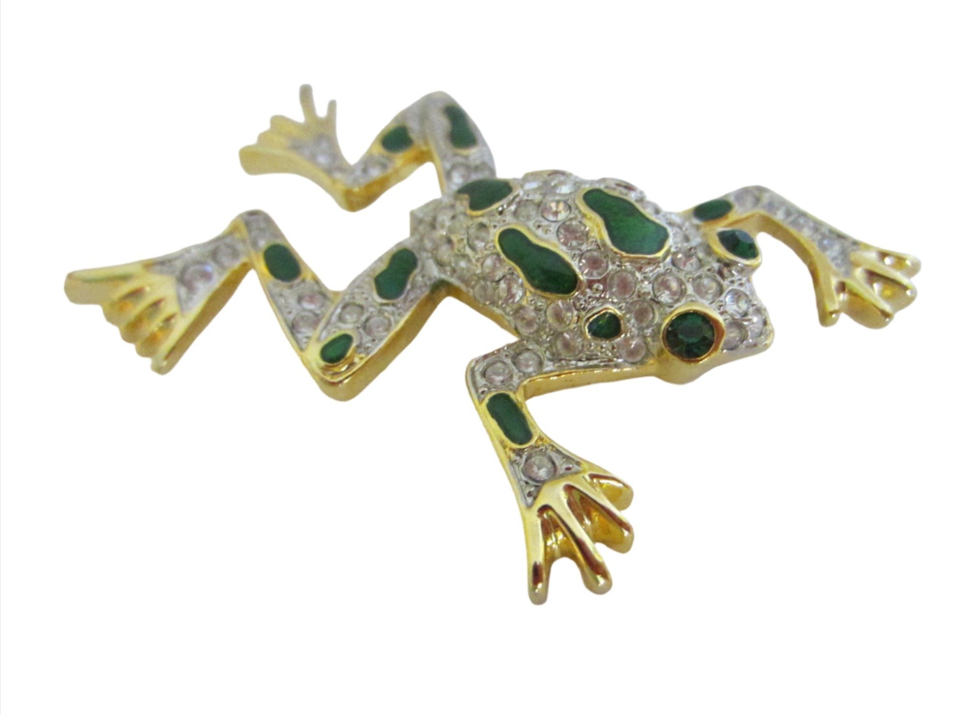 Green Frog Golden Brooch Swarovsky Crystals Enameling - Designer Unique Finds 