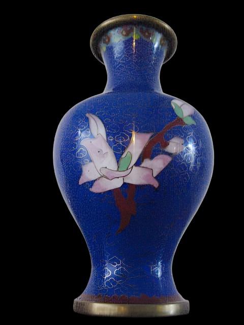 Japanese Cloisonne Blue Vase White Flowers Enamel Bird Over Brass - Designer Unique Finds 
 - 4