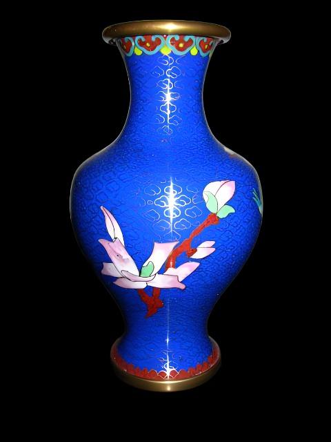 Japanese Cloisonne Blue Vase White Flowers Enamel Bird Over Brass - Designer Unique Finds 
 - 2