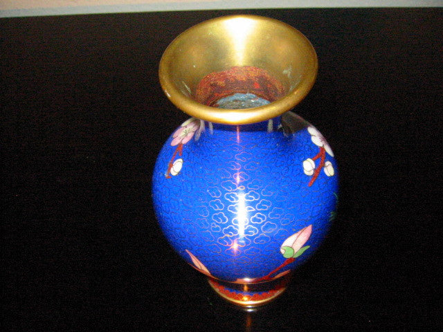 Japanese Cloisonne Blue Vase White Flowers Enamel Bird Over Brass - Designer Unique Finds 
 - 3