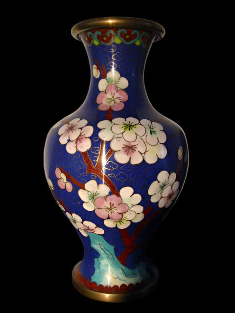 Blue Cloisonne Cherry Blossom Japanese Brass Vase