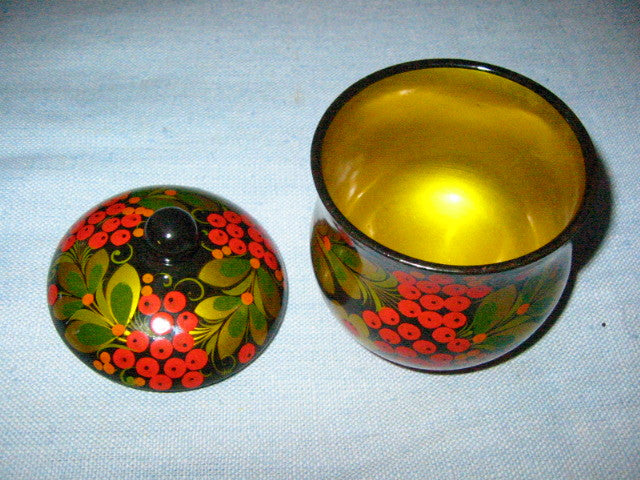 Paper Mache Russian Lacquer Covered Jar Gold Red Berries - Designer Unique Finds 
 - 2