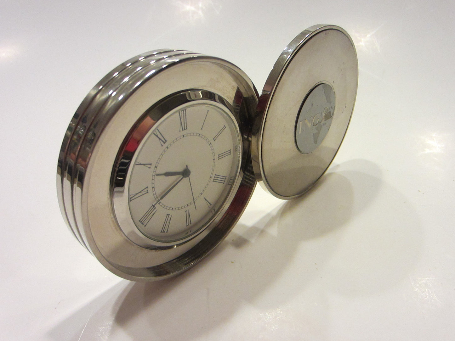 ING Quartz Chrome Clock Folding Disk Design - Designer Unique Finds 