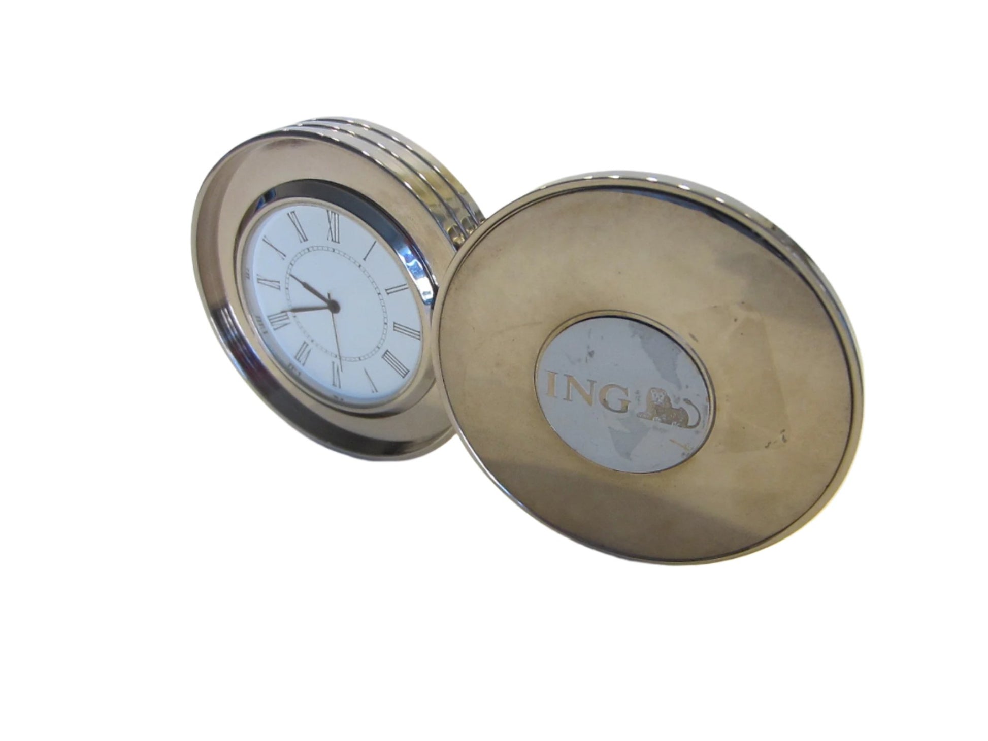 ING Quartz Chrome Clock Folding Disk Design - Designer Unique Finds 