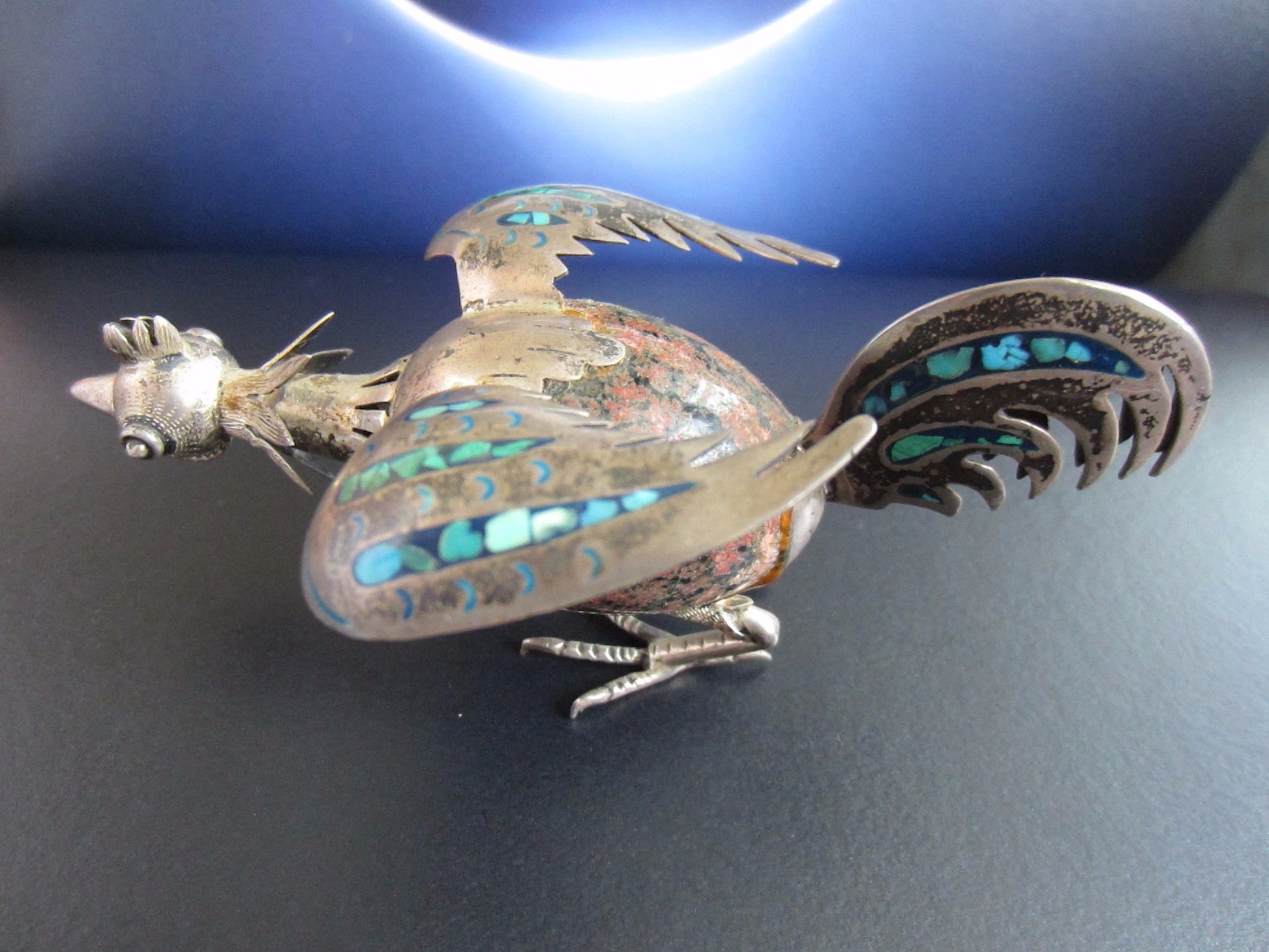 Taxco Mexico Silver Rooster Stone Egg Turquoise With Hallmarks TE-15 - Designer Unique Finds 